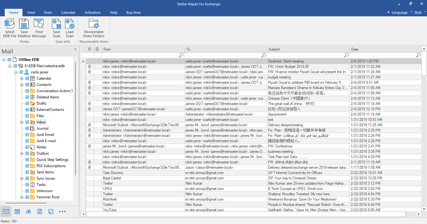After the scan, all recoverable mailboxes with the mail folders appear in a three-pane window.